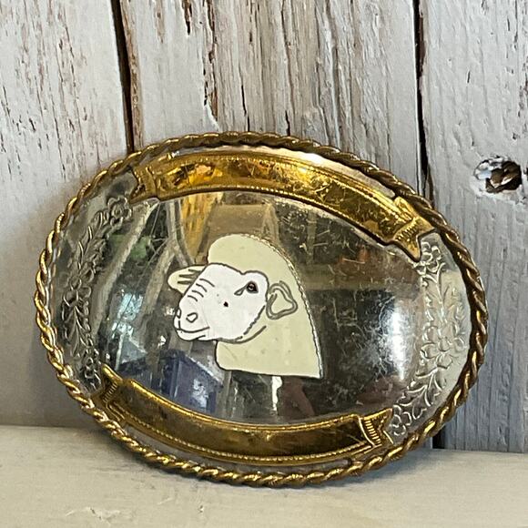 Vintage Sheep Belt Buckle German Silver Shepherd Sheep Herder Western Herding - Picture 2 of 6